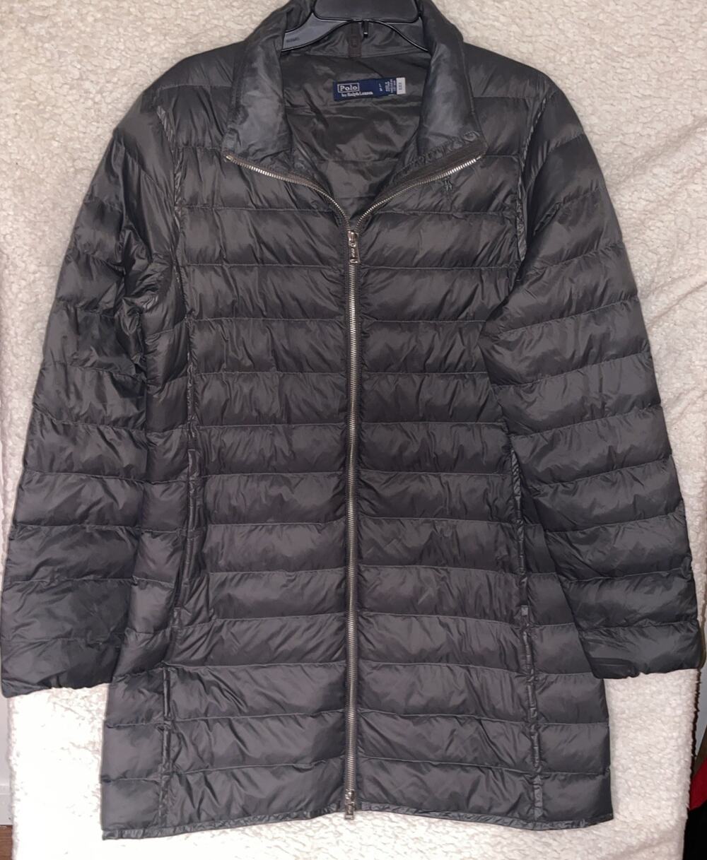 POLO RL Packable Nylon Puffer Double Zip Coat In Gray, Large EUC
